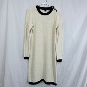 Ann Taylor Cream Black Trim Sweater Dress Button Shoulder Long Sleeve
